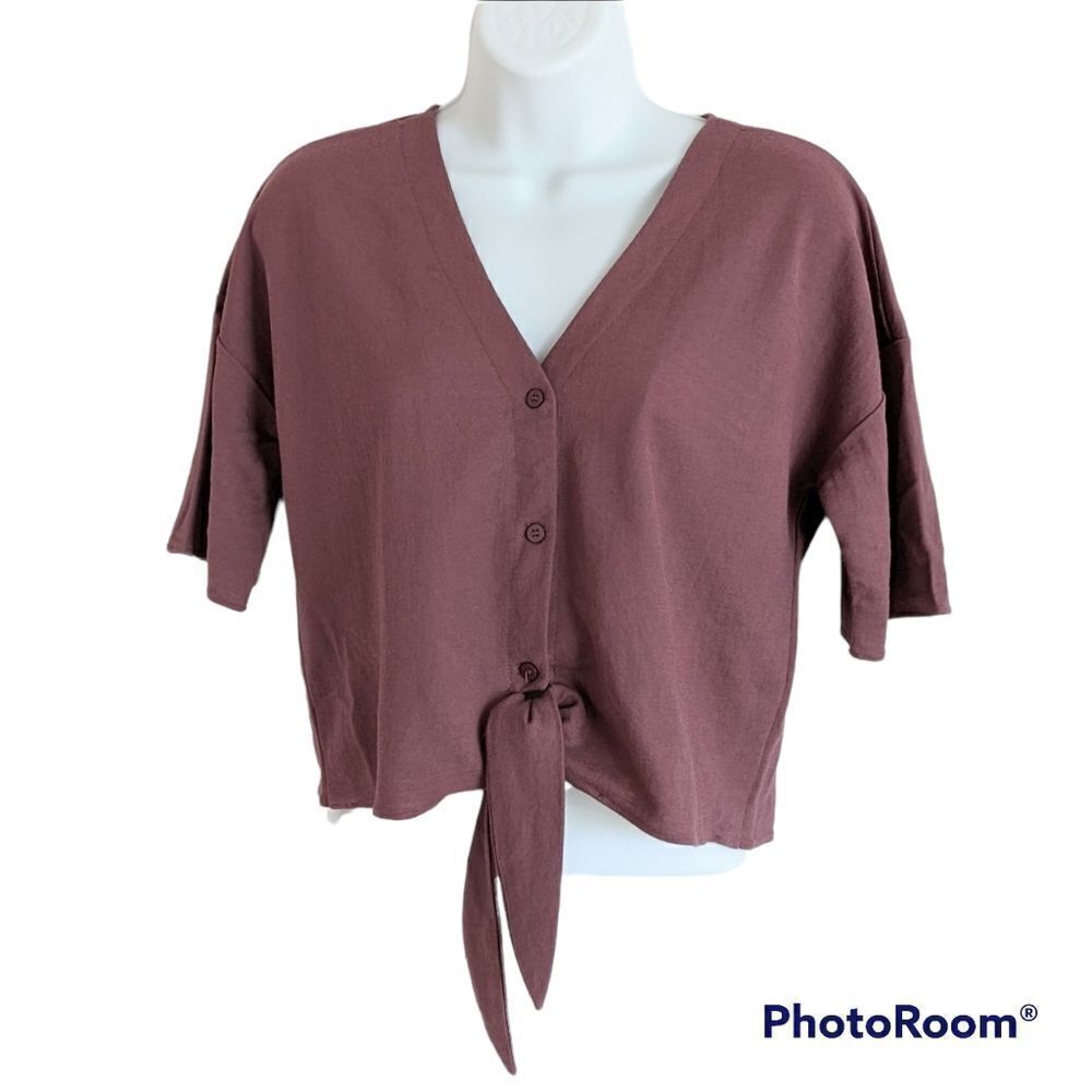 MOD REF Tie Front Button Down Crop Top mauve earthy tone Small @F1